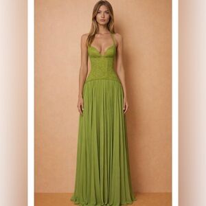 Olive Green Halter Lace Bodice Maxi Dress